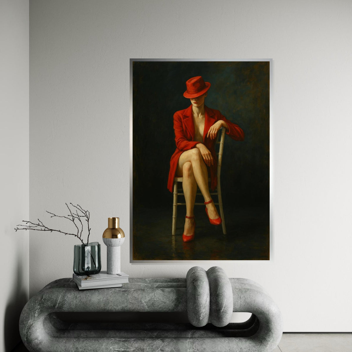 Elegant Lady in Red, Red Hat and Dress, Sensual Art, Wall Art Canvas Design, Ready to Hang Decoration, Femme Fatale Canvas Poster