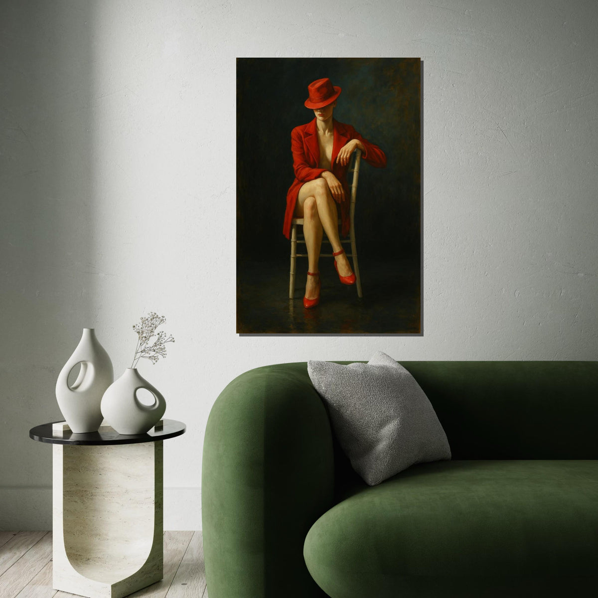 Elegant Lady in Red, Red Hat and Dress, Sensual Art, Wall Art Canvas Design, Ready to Hang Decoration, Femme Fatale Canvas Poster