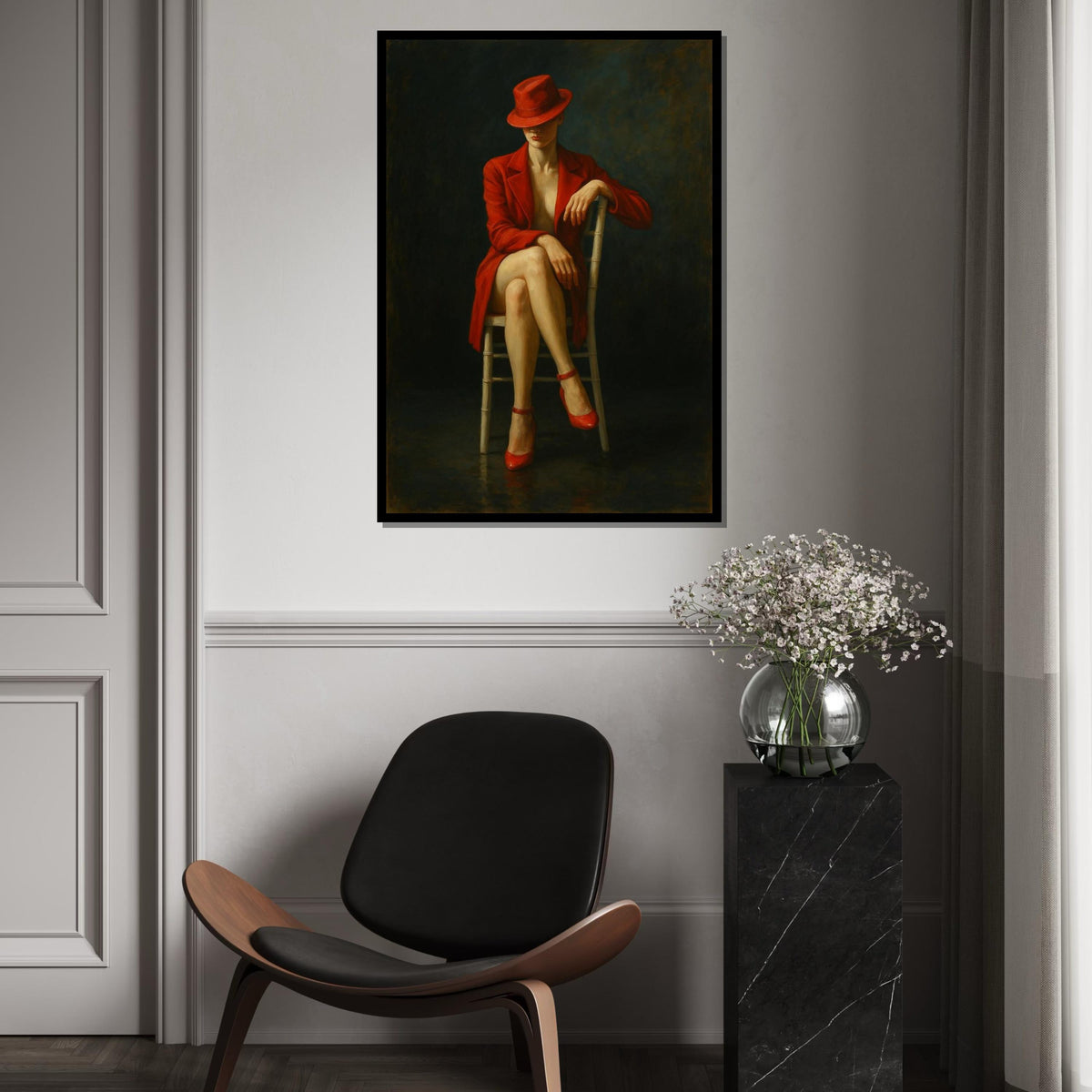 Elegant Lady in Red, Red Hat and Dress, Sensual Art, Wall Art Canvas Design, Ready to Hang Decoration, Femme Fatale Canvas Poster
