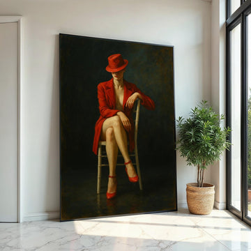 Elegant Lady in Red, Red Hat and Dress, Sensual Art, Wall Art Canvas Design, Ready to Hang Decoration, Femme Fatale Canvas Poster