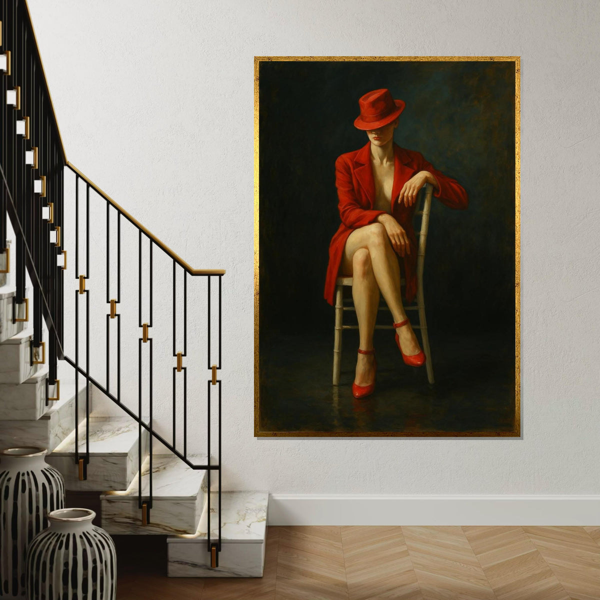 Elegant Lady in Red, Red Hat and Dress, Sensual Art, Wall Art Canvas Design, Ready to Hang Decoration, Femme Fatale Canvas Poster