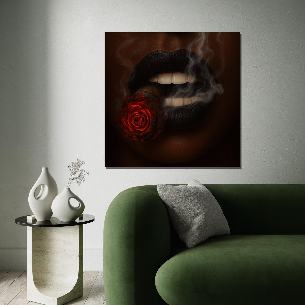 Rose Cigar Lips Canvas, Smoke Art Wall Print, Artistic Lips Canvas, Wall Art Canvas Design, Ready To Hang Decoration