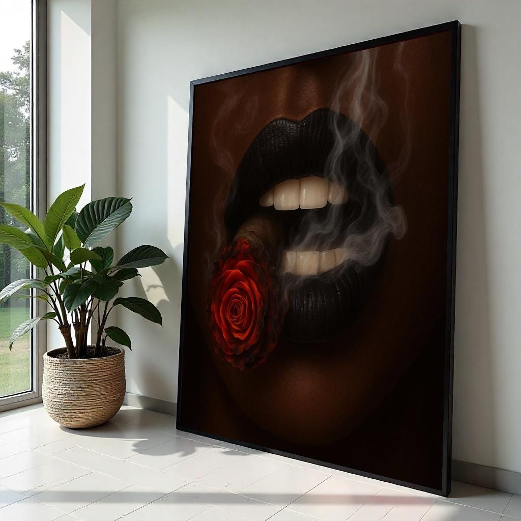 Rose Cigar Lips Canvas, Smoke Art Wall Print, Artistic Lips Canvas, Wall Art Canvas Design, Ready To Hang Decoration