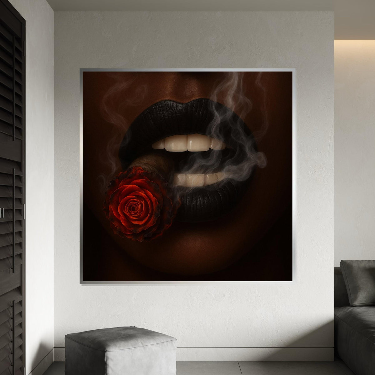 Rose Cigar Lips Canvas, Smoke Art Wall Print, Artistic Lips Canvas, Wall Art Canvas Design, Ready To Hang Decoration