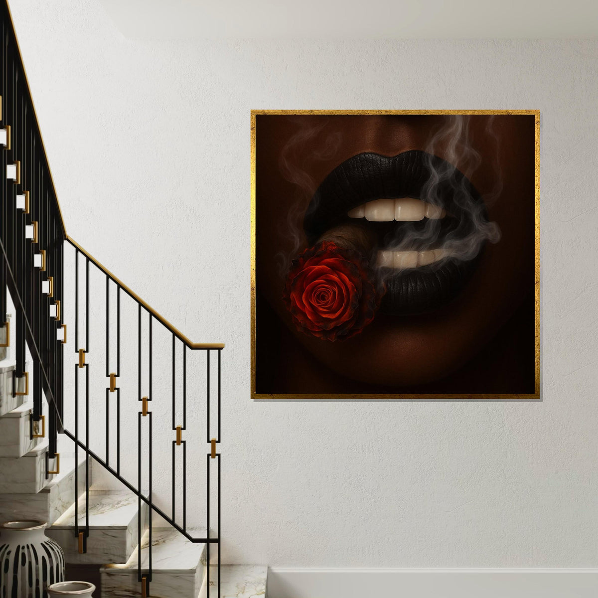 Rose Cigar Lips Canvas, Smoke Art Wall Print, Artistic Lips Canvas, Wall Art Canvas Design, Ready To Hang Decoration