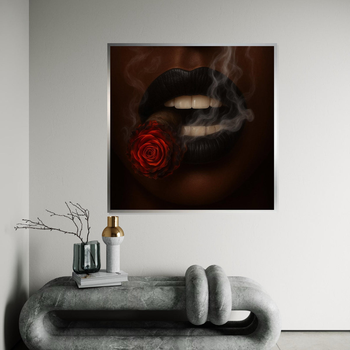 Rose Cigar Lips Canvas, Smoke Art Wall Print, Artistic Lips Canvas, Wall Art Canvas Design, Ready To Hang Decoration