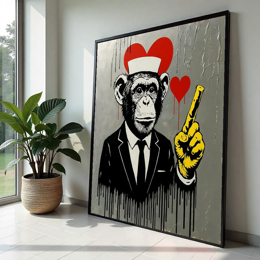 Chimp in Suit, Heart Canvas, Urban Street Art, Banksy Canvas Art, Modern Wall Art Design, Ready to Hang Decoration