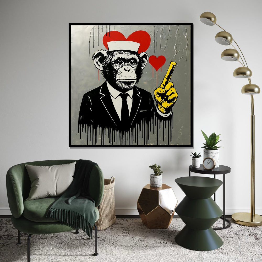 Chimp in Suit, Heart Canvas, Urban Street Art, Banksy Canvas Art, Modern Wall Art Design, Ready to Hang Decoration