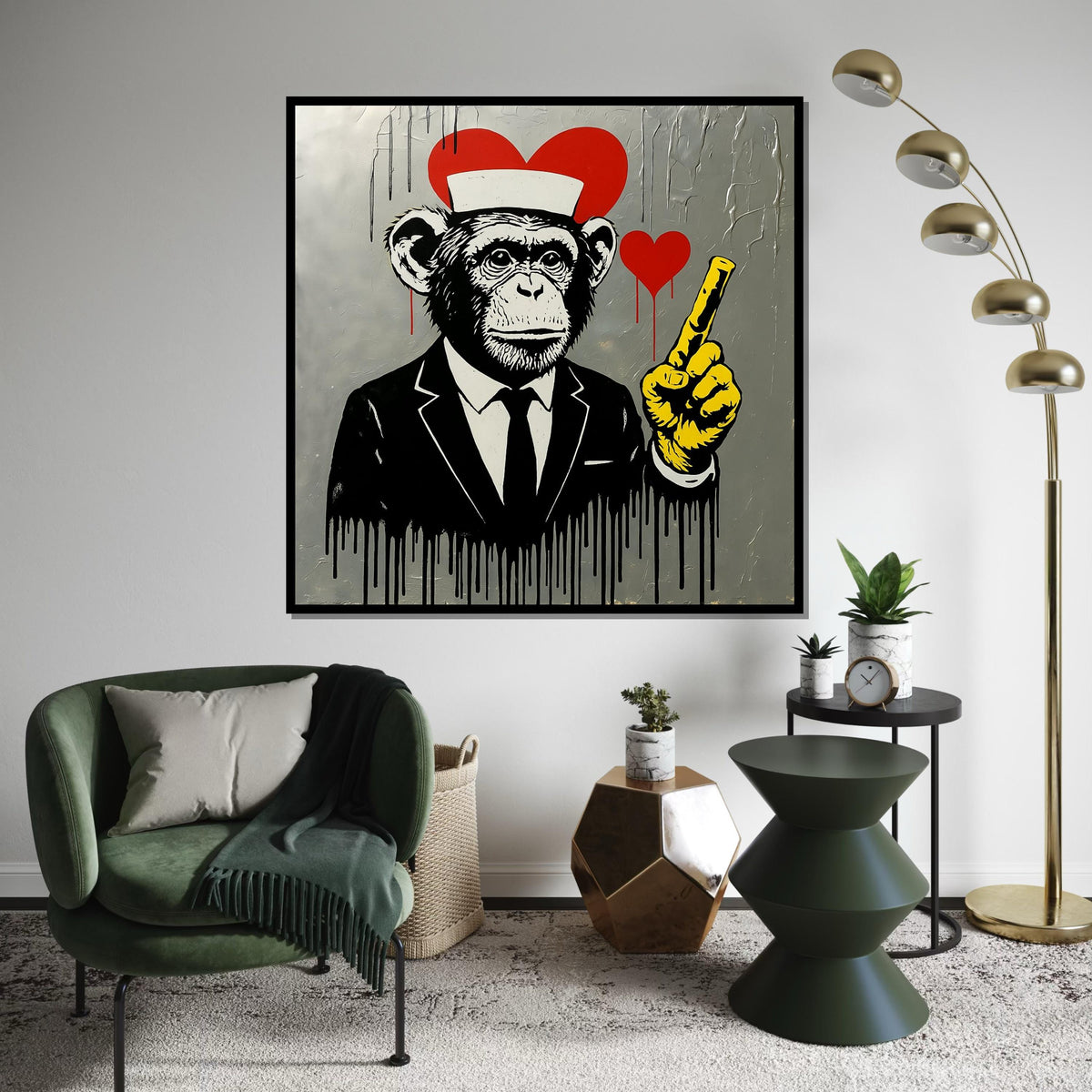 Chimp in Suit, Heart Canvas, Urban Street Art, Banksy Canvas Art, Modern Wall Art Design, Ready to Hang Decoration