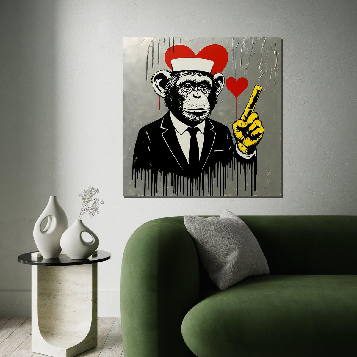 Chimp in Suit, Heart Canvas, Urban Street Art, Banksy Canvas Art, Modern Wall Art Design, Ready to Hang Decoration