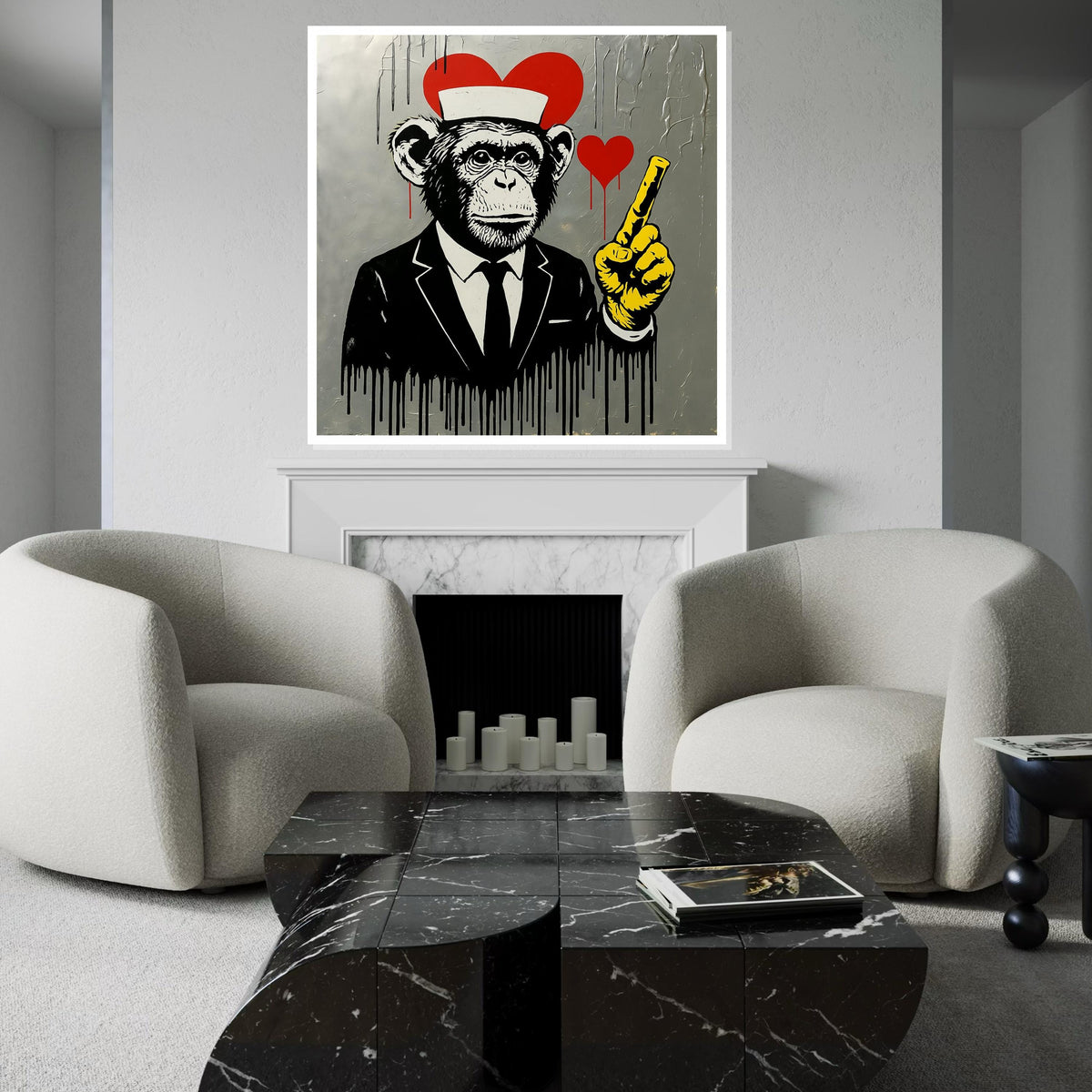 Chimp in Suit, Heart Canvas, Urban Street Art, Banksy Canvas Art, Modern Wall Art Design, Ready to Hang Decoration
