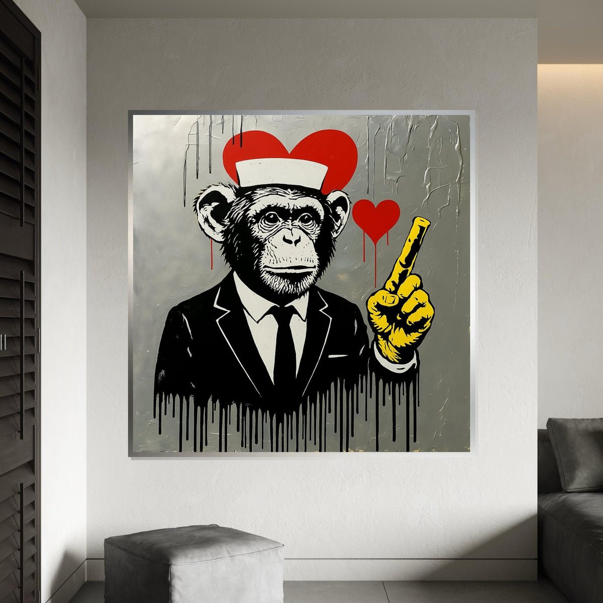 Chimp in Suit, Heart Canvas, Urban Street Art, Banksy Canvas Art, Modern Wall Art Design, Ready to Hang Decoration