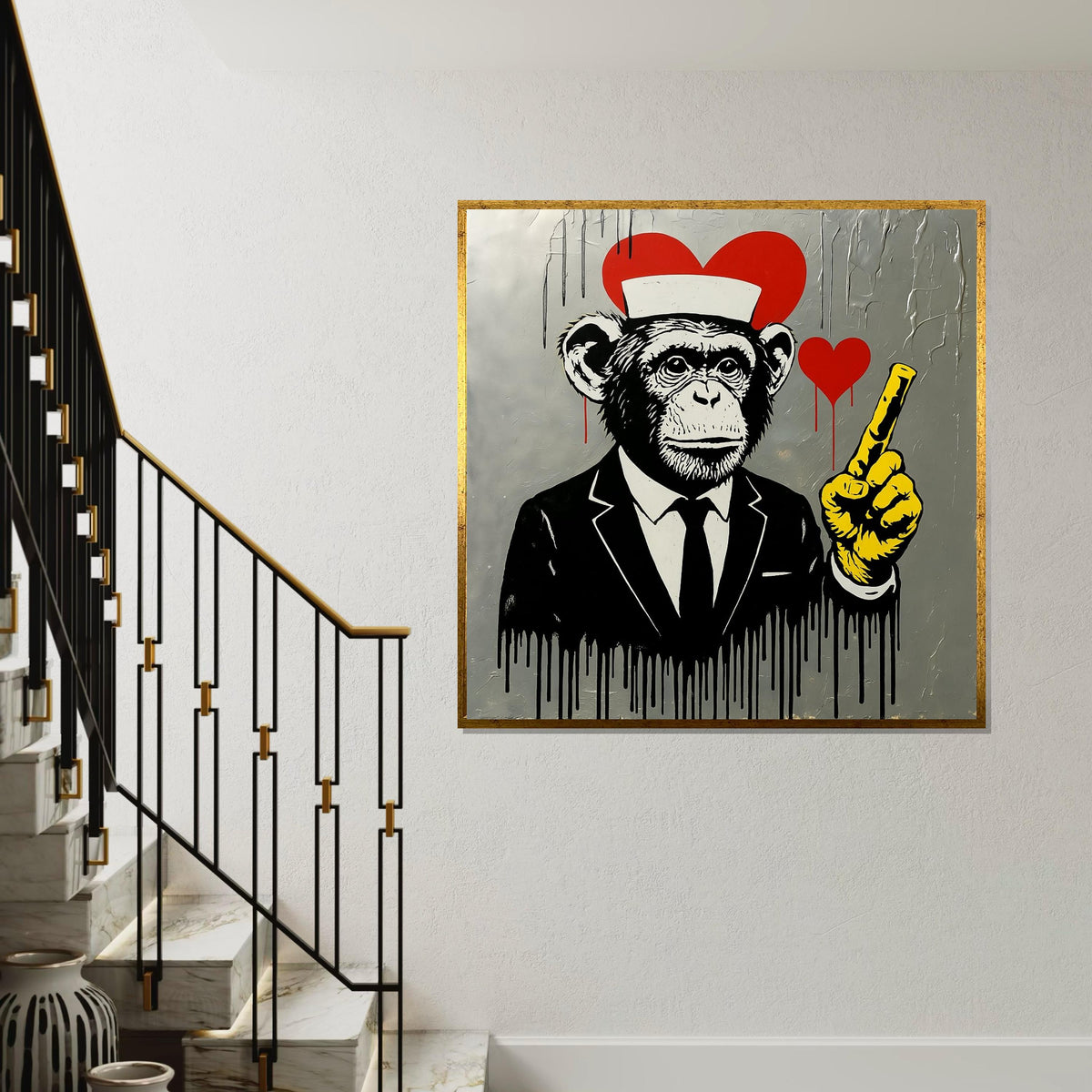 Chimp in Suit, Heart Canvas, Urban Street Art, Banksy Canvas Art, Modern Wall Art Design, Ready to Hang Decoration