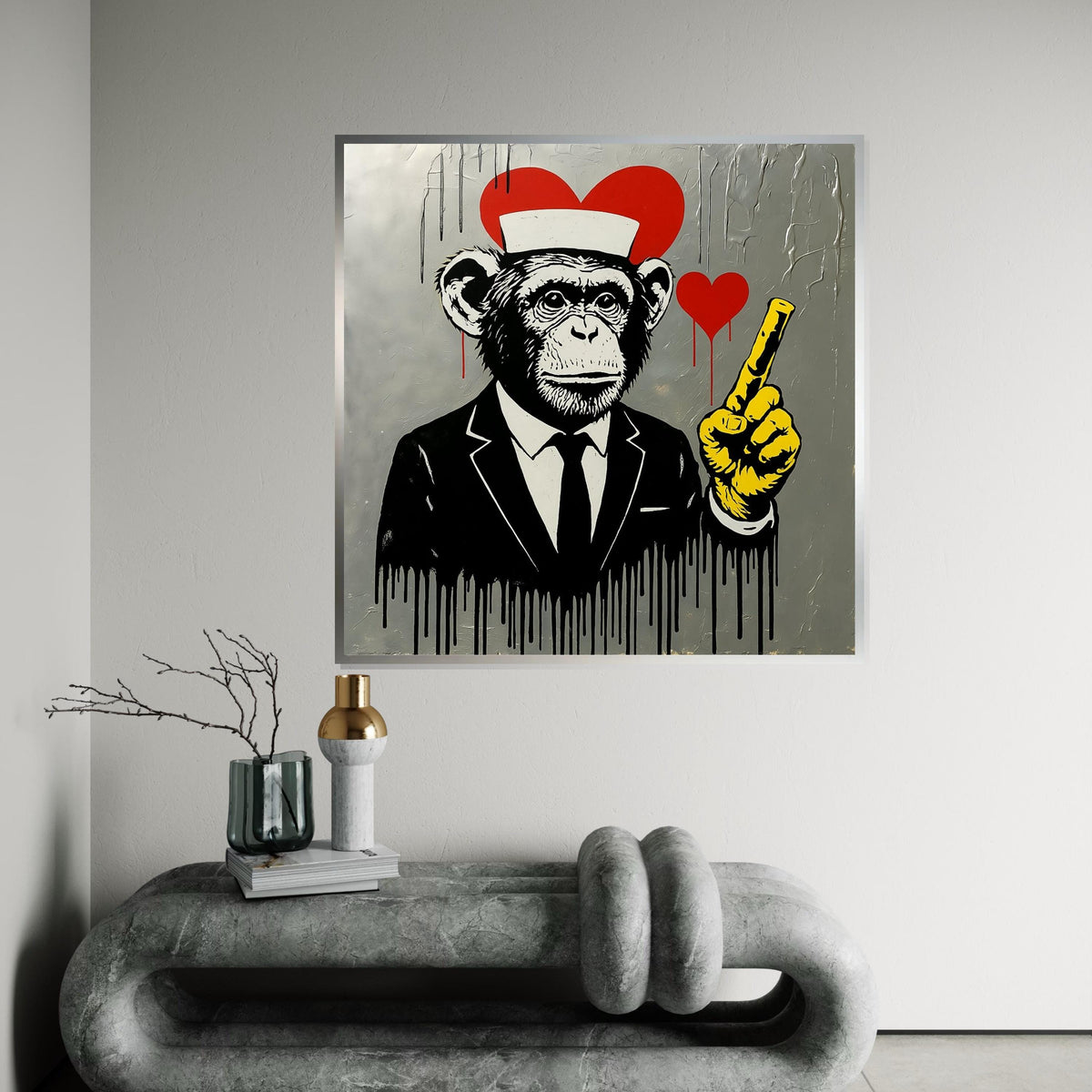 Chimp in Suit, Heart Canvas, Urban Street Art, Banksy Canvas Art, Modern Wall Art Design, Ready to Hang Decoration