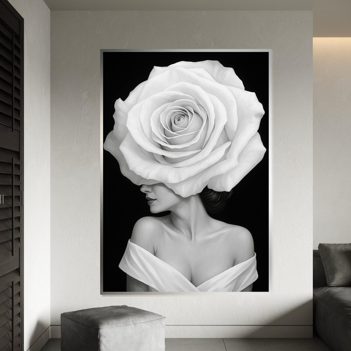 White Rose Woman Canvas, Elegant Floral Portrait, Surreal Wall Art, Black and White Canvas Design, Ready To Hang Home Decor