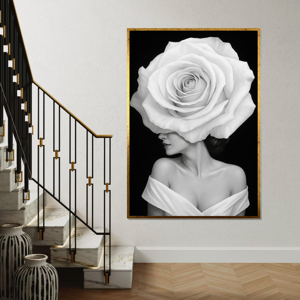 White Rose Woman Canvas, Elegant Floral Portrait, Surreal Wall Art, Black and White Canvas Design, Ready To Hang Home Decor