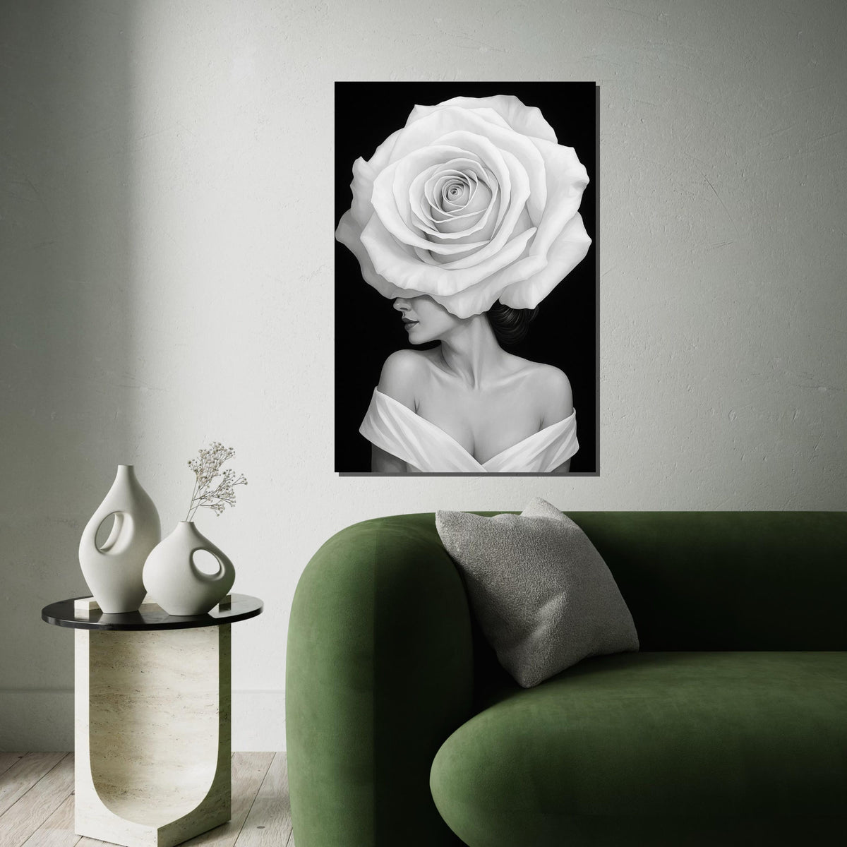 White Rose Woman Canvas, Elegant Floral Portrait, Surreal Wall Art, Black and White Canvas Design, Ready To Hang Home Decor