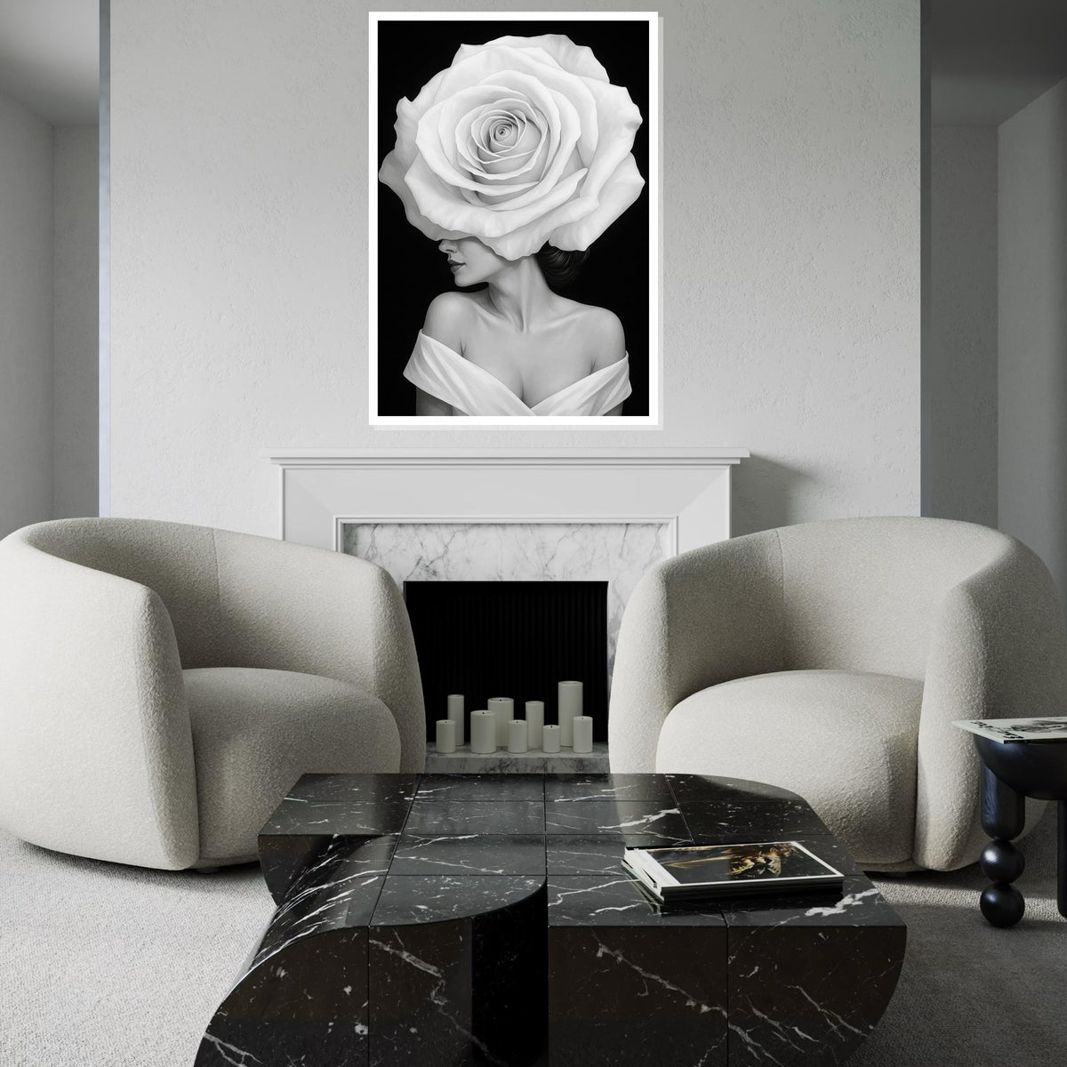 White Rose Woman Canvas, Elegant Floral Portrait, Surreal Wall Art, Black and White Canvas Design, Ready To Hang Home Decor