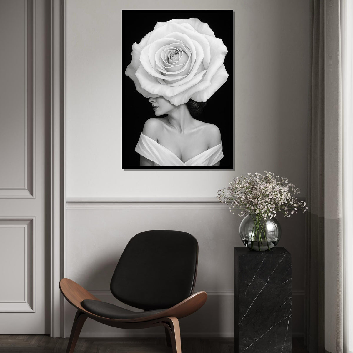 White Rose Woman Canvas, Elegant Floral Portrait, Surreal Wall Art, Black and White Canvas Design, Ready To Hang Home Decor
