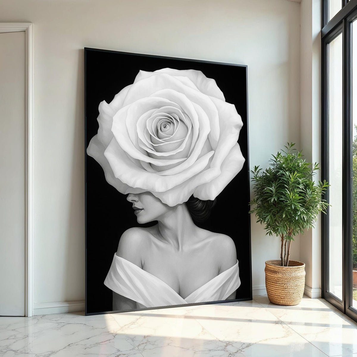 White Rose Woman Canvas, Elegant Floral Portrait, Surreal Wall Art, Black and White Canvas Design, Ready To Hang Home Decor