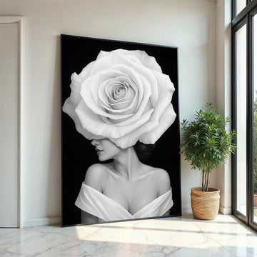 White Rose Woman Canvas, Elegant Floral Portrait, Surreal Wall Art, Black and White Canvas Design, Ready To Hang Home Decor