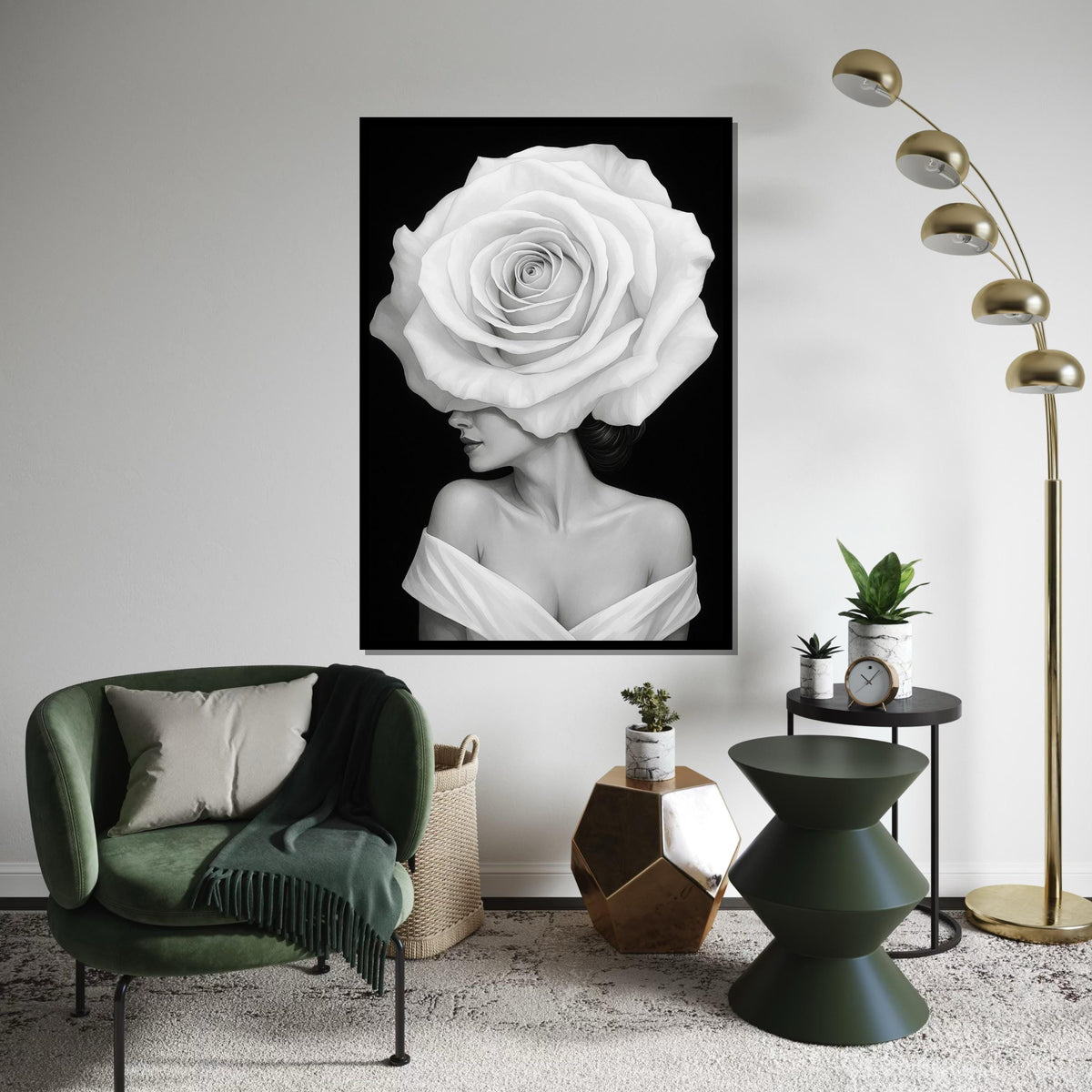 White Rose Woman Canvas, Elegant Floral Portrait, Surreal Wall Art, Black and White Canvas Design, Ready To Hang Home Decor