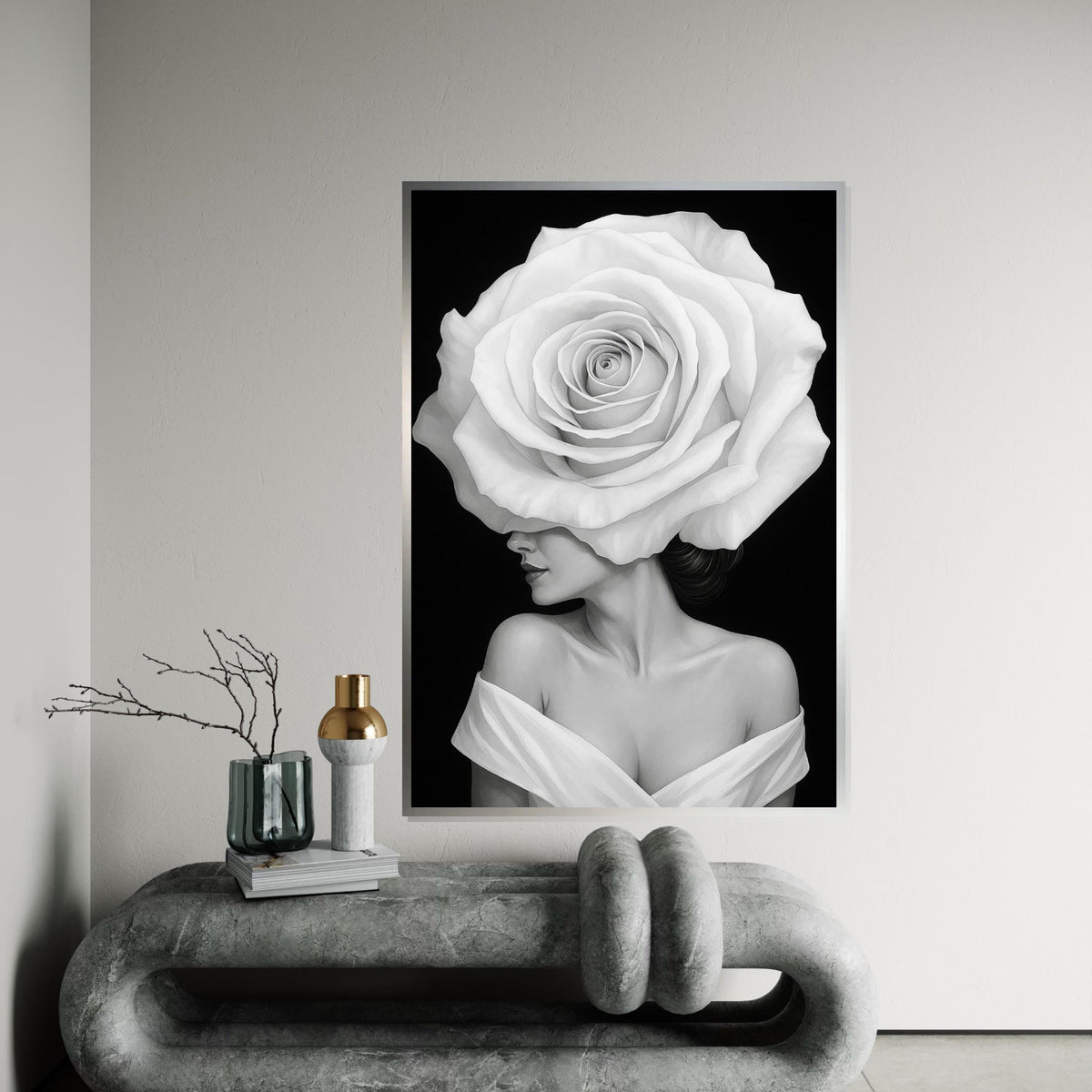 White Rose Woman Canvas, Elegant Floral Portrait, Surreal Wall Art, Black and White Canvas Design, Ready To Hang Home Decor
