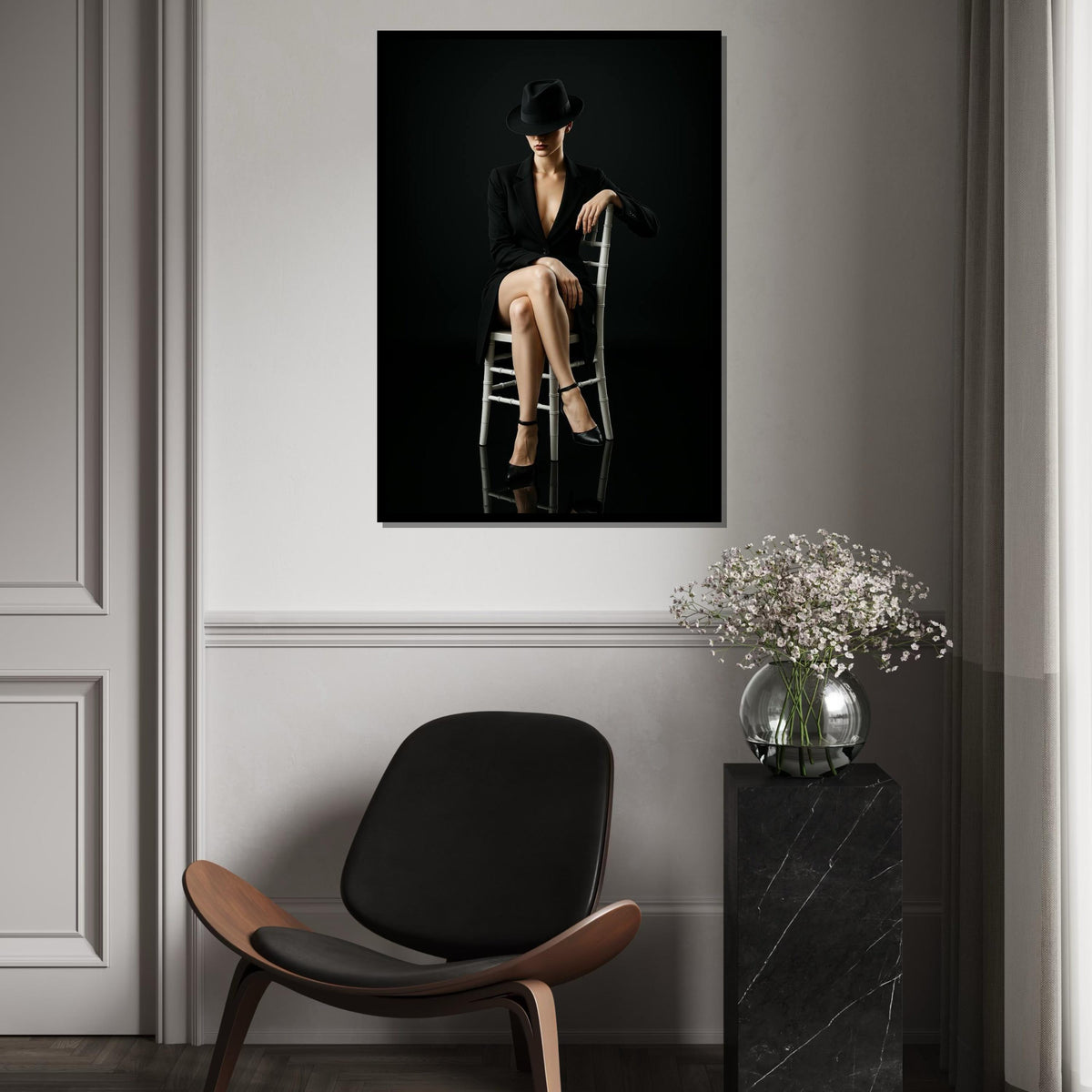 Elegant Lady in Black, Femme Fatale Canvas, Mysterious Woman Wall Art, Fashion Poster, Wall Art Canvas Design, Ready to Hang Decoration