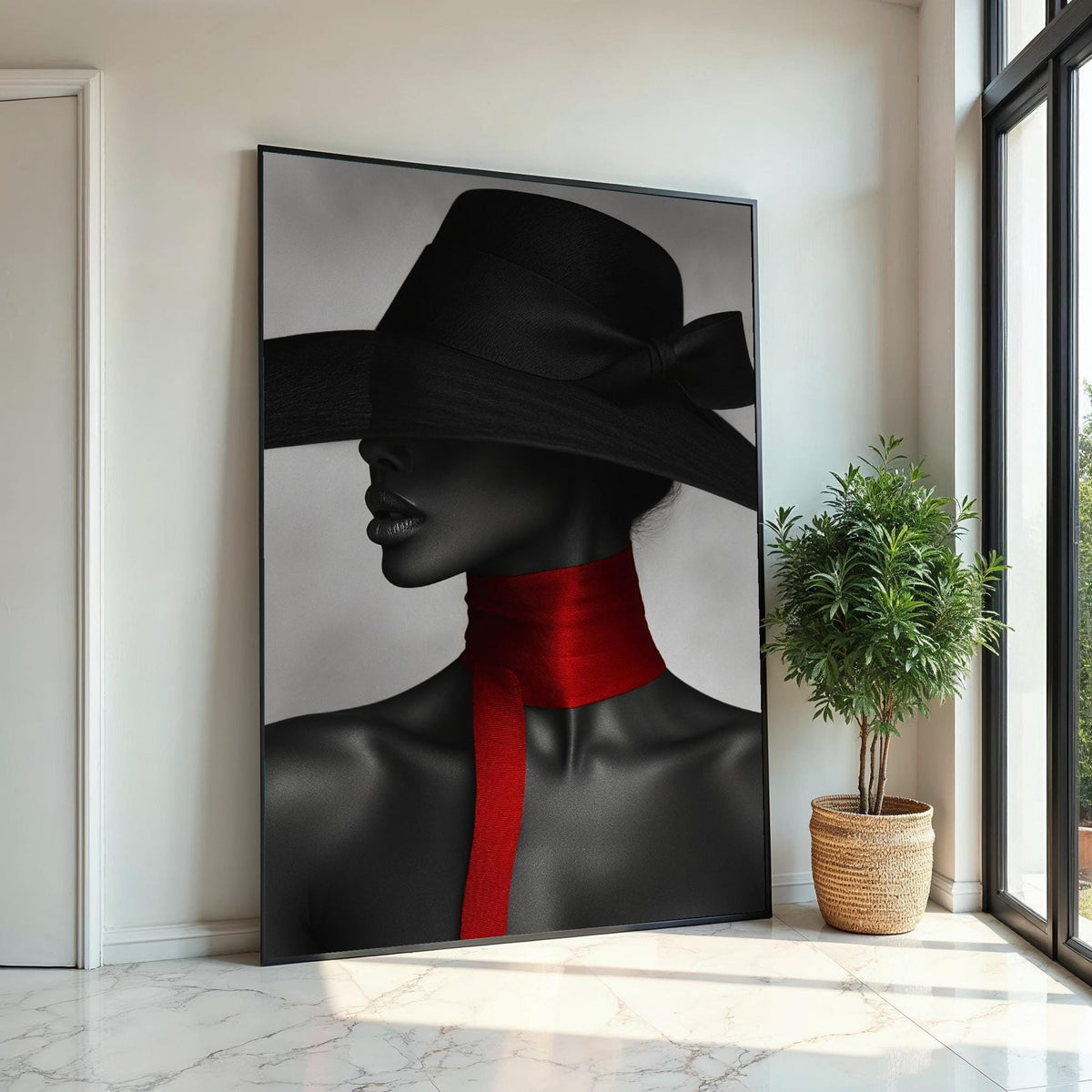 Mystique Elegance, Black Hat Canvas, Red Scarf Art, Woman in Mystery, Wall Art Canvas Design, Fashion Portrait, Ready To Hang Decoration