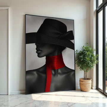 Mystique Elegance, Black Hat Canvas, Red Scarf Art, Woman in Mystery, Wall Art Canvas Design, Fashion Portrait, Ready To Hang Decoration