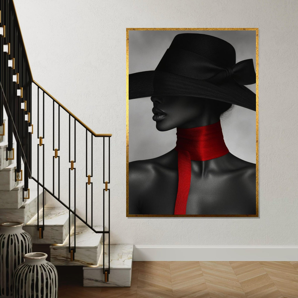 Mystique Elegance, Black Hat Canvas, Red Scarf Art, Woman in Mystery, Wall Art Canvas Design, Fashion Portrait, Ready To Hang Decoration