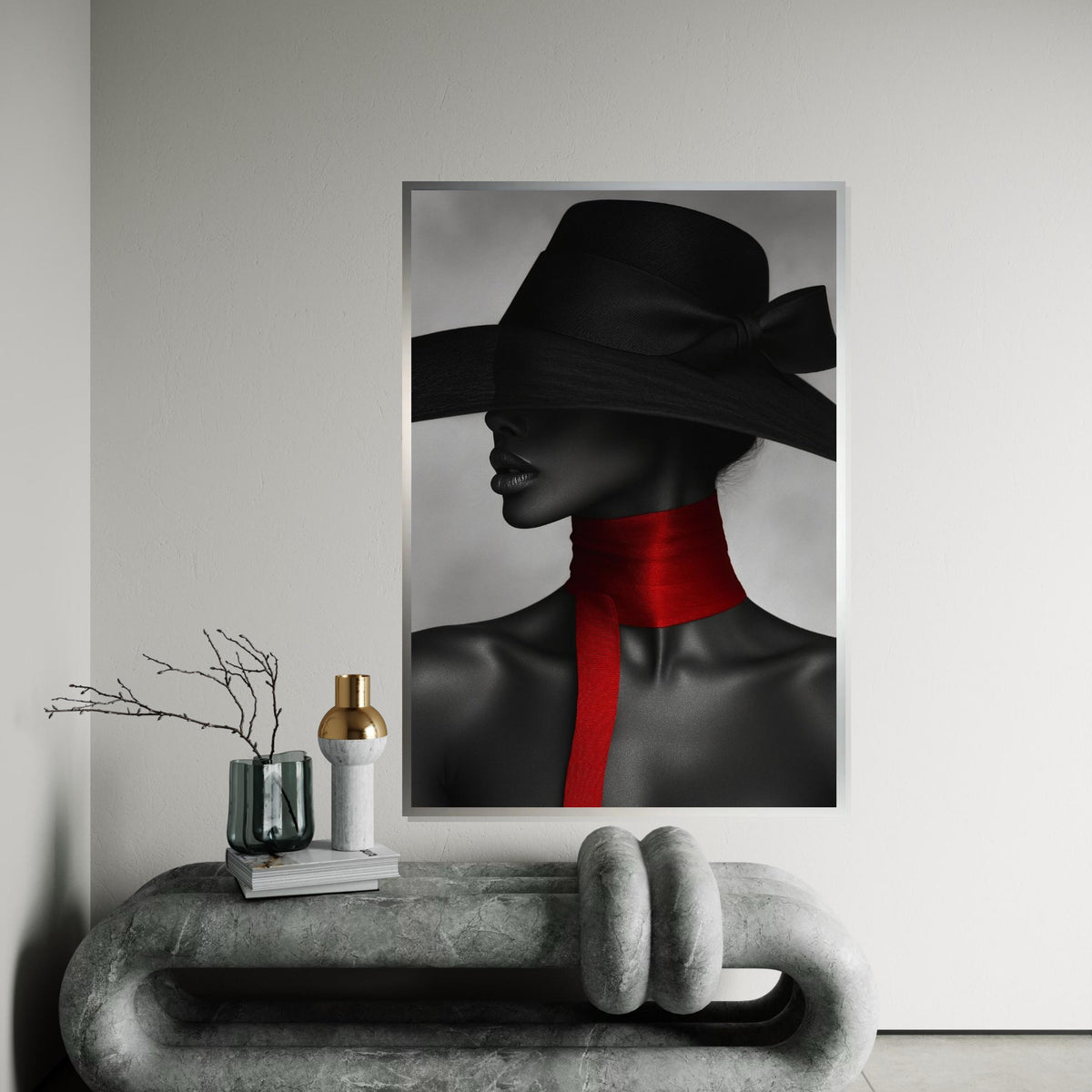 Mystique Elegance, Black Hat Canvas, Red Scarf Art, Woman in Mystery, Wall Art Canvas Design, Fashion Portrait, Ready To Hang Decoration