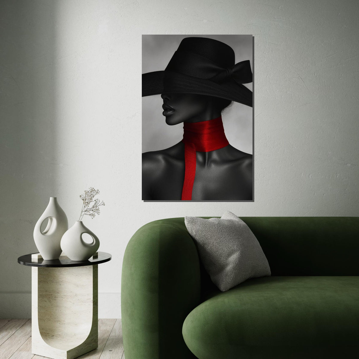 Mystique Elegance, Black Hat Canvas, Red Scarf Art, Woman in Mystery, Wall Art Canvas Design, Fashion Portrait, Ready To Hang Decoration