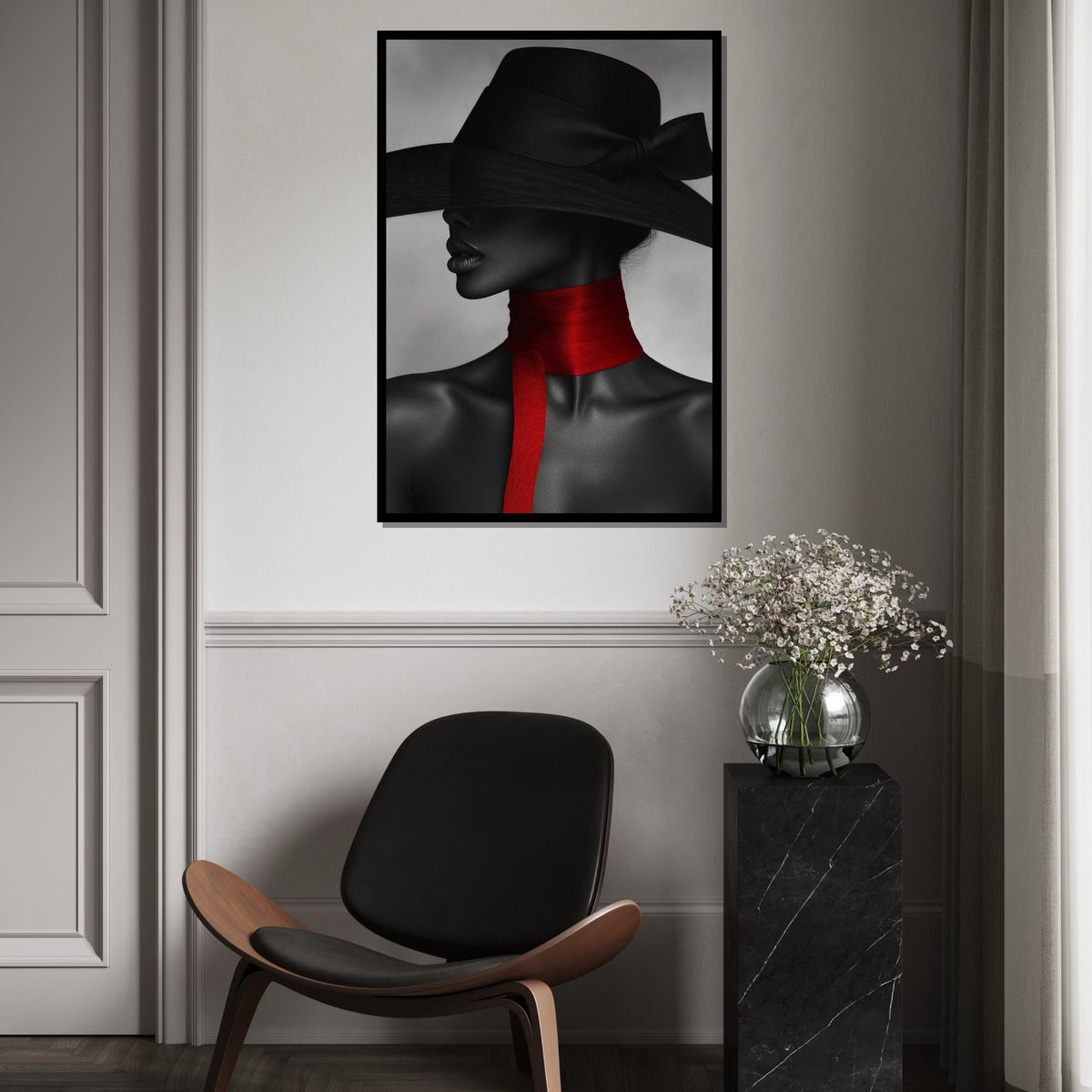 Mystique Elegance, Black Hat Canvas, Red Scarf Art, Woman in Mystery, Wall Art Canvas Design, Fashion Portrait, Ready To Hang Decoration