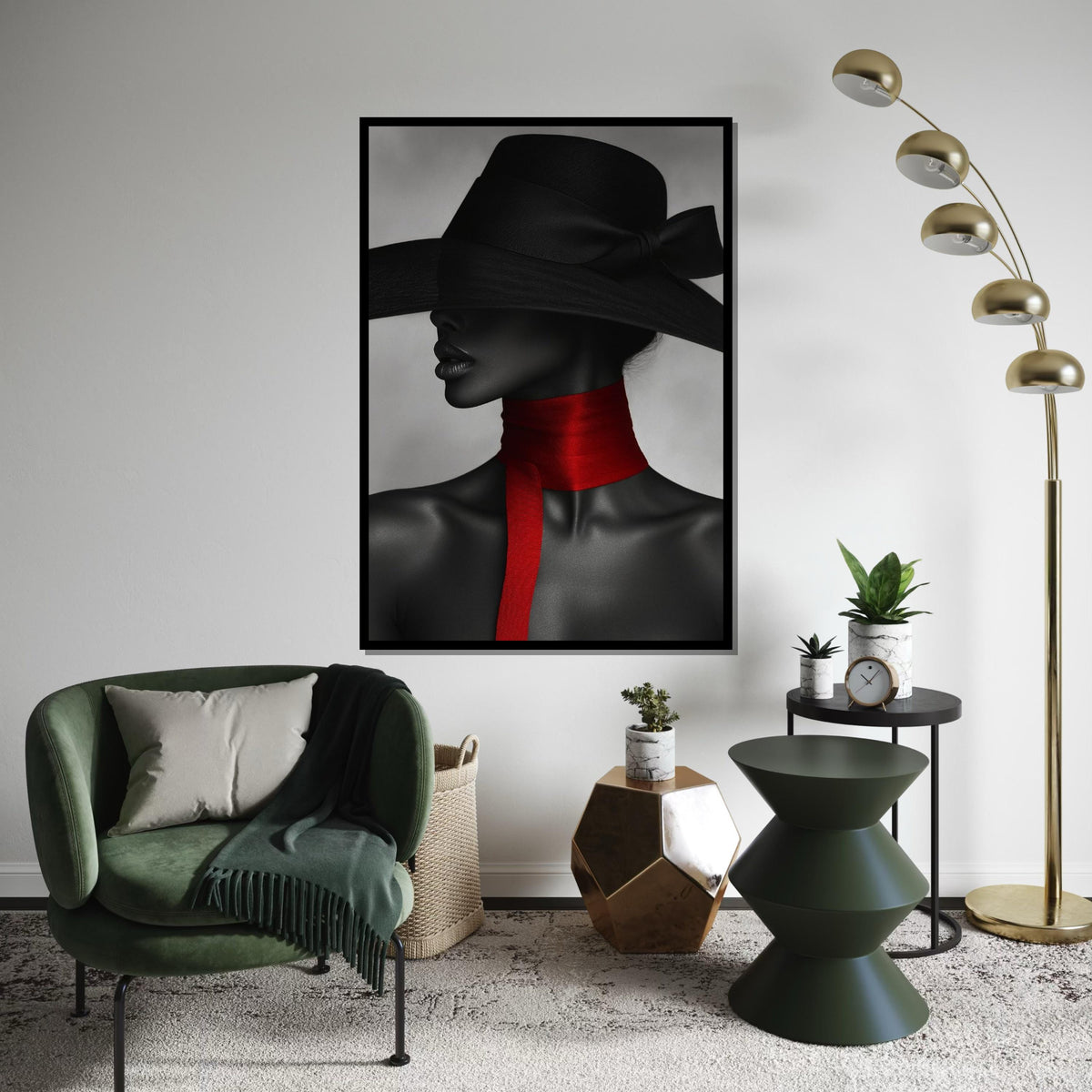 Mystique Elegance, Black Hat Canvas, Red Scarf Art, Woman in Mystery, Wall Art Canvas Design, Fashion Portrait, Ready To Hang Decoration