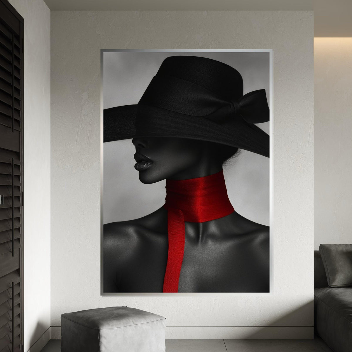 Mystique Elegance, Black Hat Canvas, Red Scarf Art, Woman in Mystery, Wall Art Canvas Design, Fashion Portrait, Ready To Hang Decoration