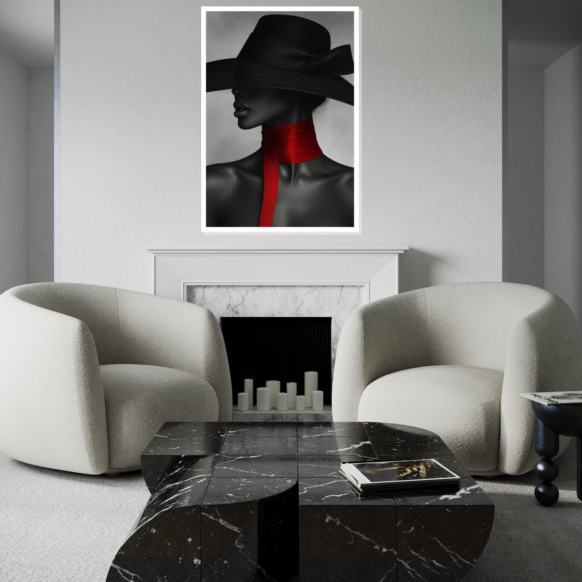 Mystique Elegance, Black Hat Canvas, Red Scarf Art, Woman in Mystery, Wall Art Canvas Design, Fashion Portrait, Ready To Hang Decoration