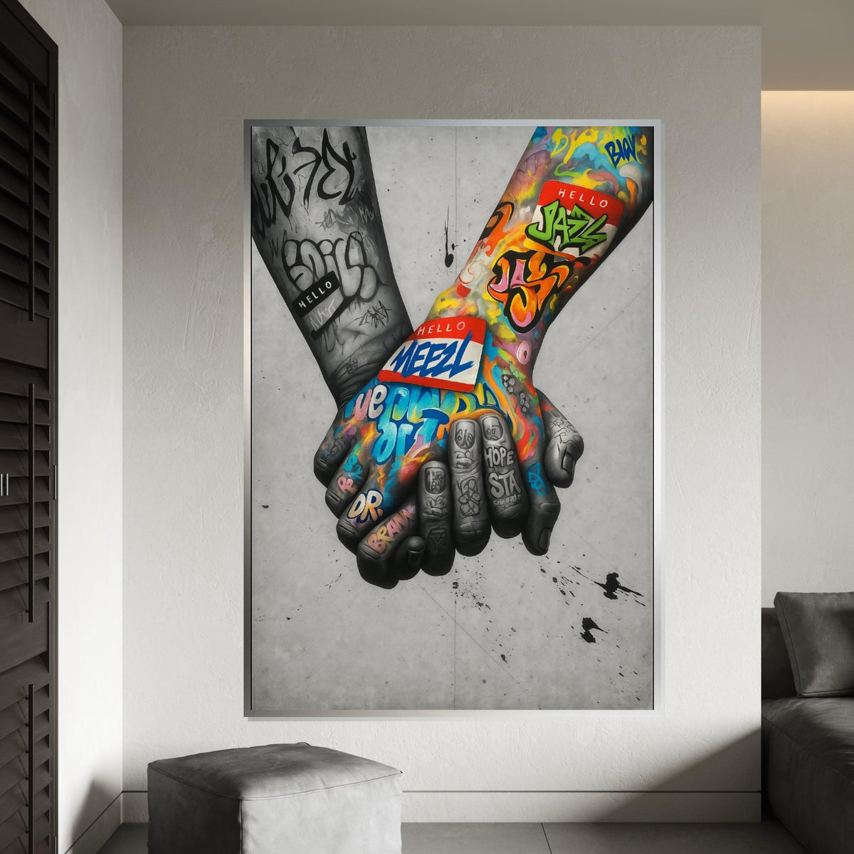 Graffiti Hands Canvas, Colorful Handshake Art, Street Art Canvas, Wall Art Design, Ready to Hang Decoration, Wall Canvas Art