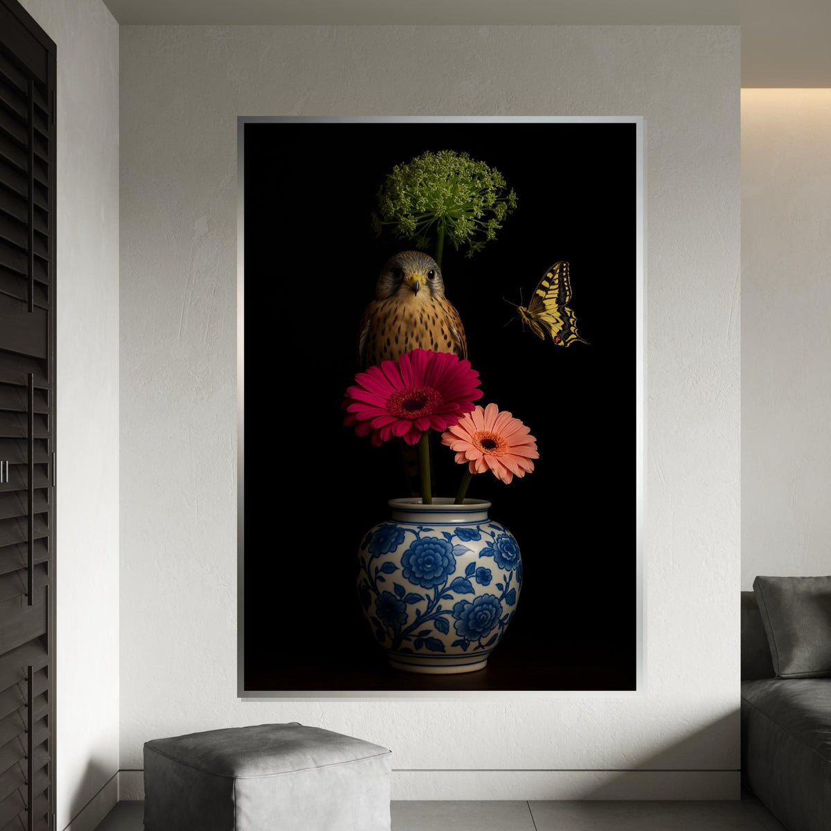 Falcon and Butterfly, Floral Vase Art, Wildlife Canvas Art, Elegant Bird Print, Wall Art Canvas Design, Ready To Hang Décor