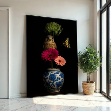 Falcon and Butterfly, Floral Vase Art, Wildlife Canvas Art, Elegant Bird Print, Wall Art Canvas Design, Ready To Hang Décor
