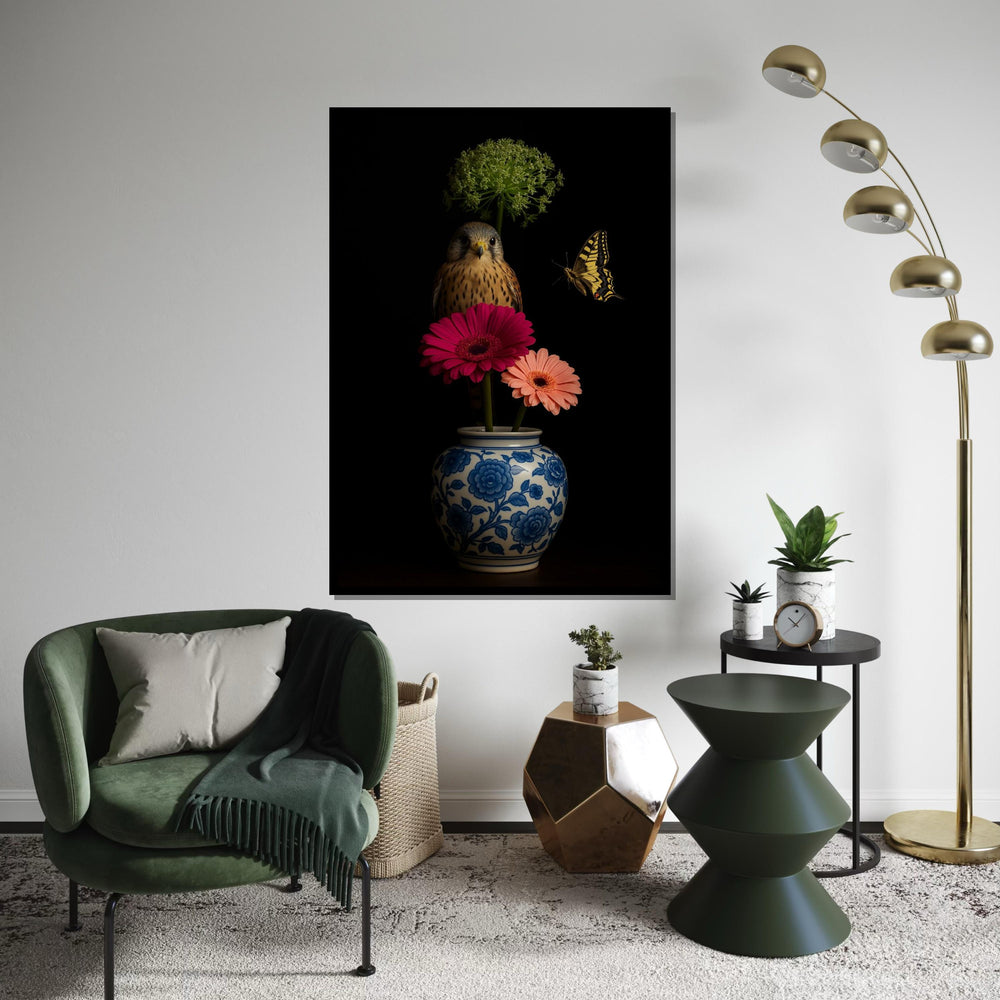 Falcon and Butterfly, Floral Vase Art, Wildlife Canvas Art, Elegant Bird Print, Wall Art Canvas Design, Ready To Hang Décor