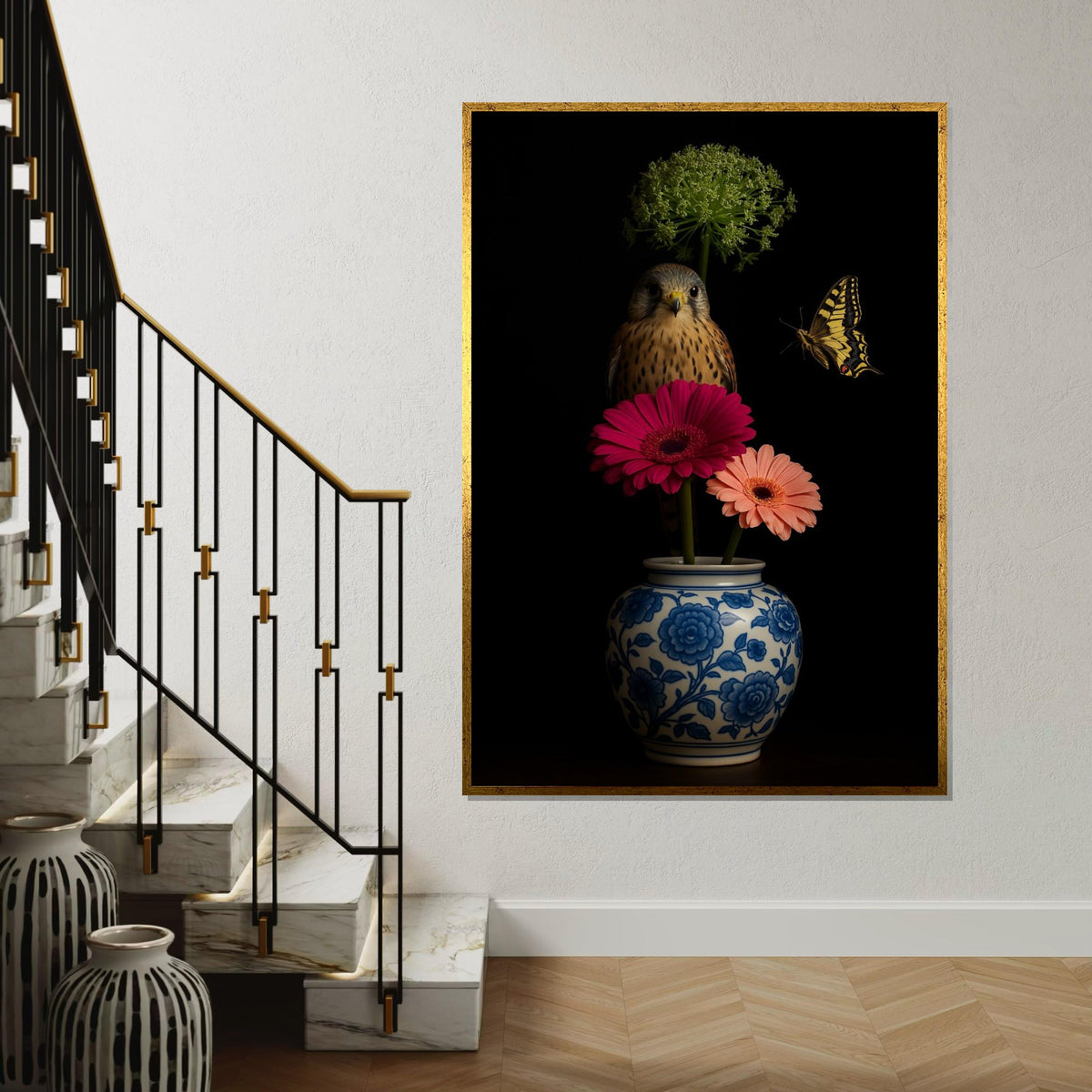 Falcon and Butterfly, Floral Vase Art, Wildlife Canvas Art, Elegant Bird Print, Wall Art Canvas Design, Ready To Hang Décor
