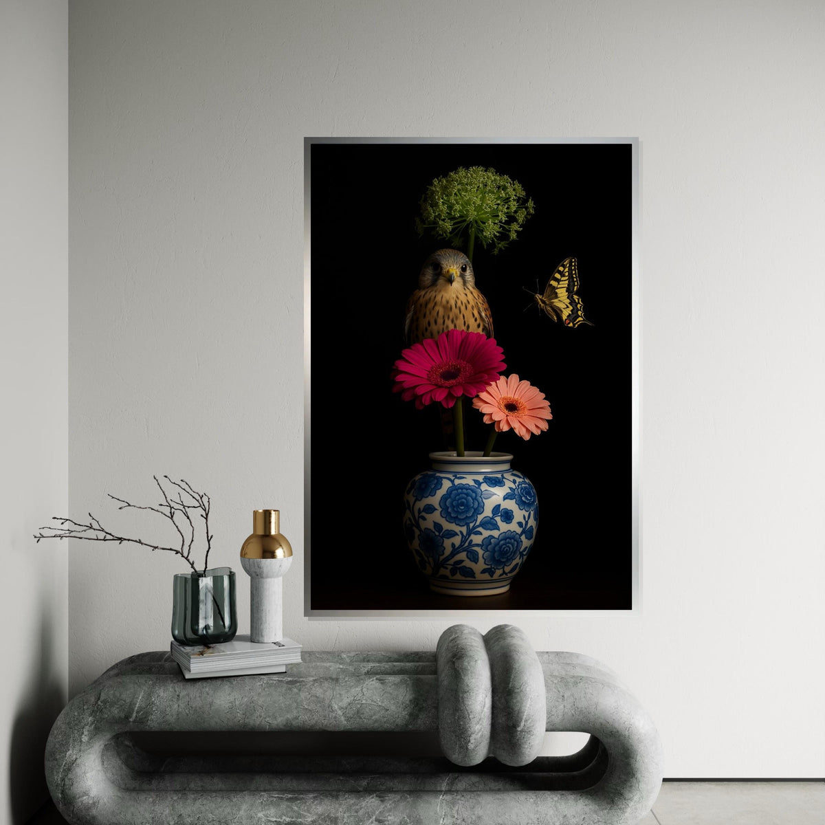 Falcon and Butterfly, Floral Vase Art, Wildlife Canvas Art, Elegant Bird Print, Wall Art Canvas Design, Ready To Hang Décor