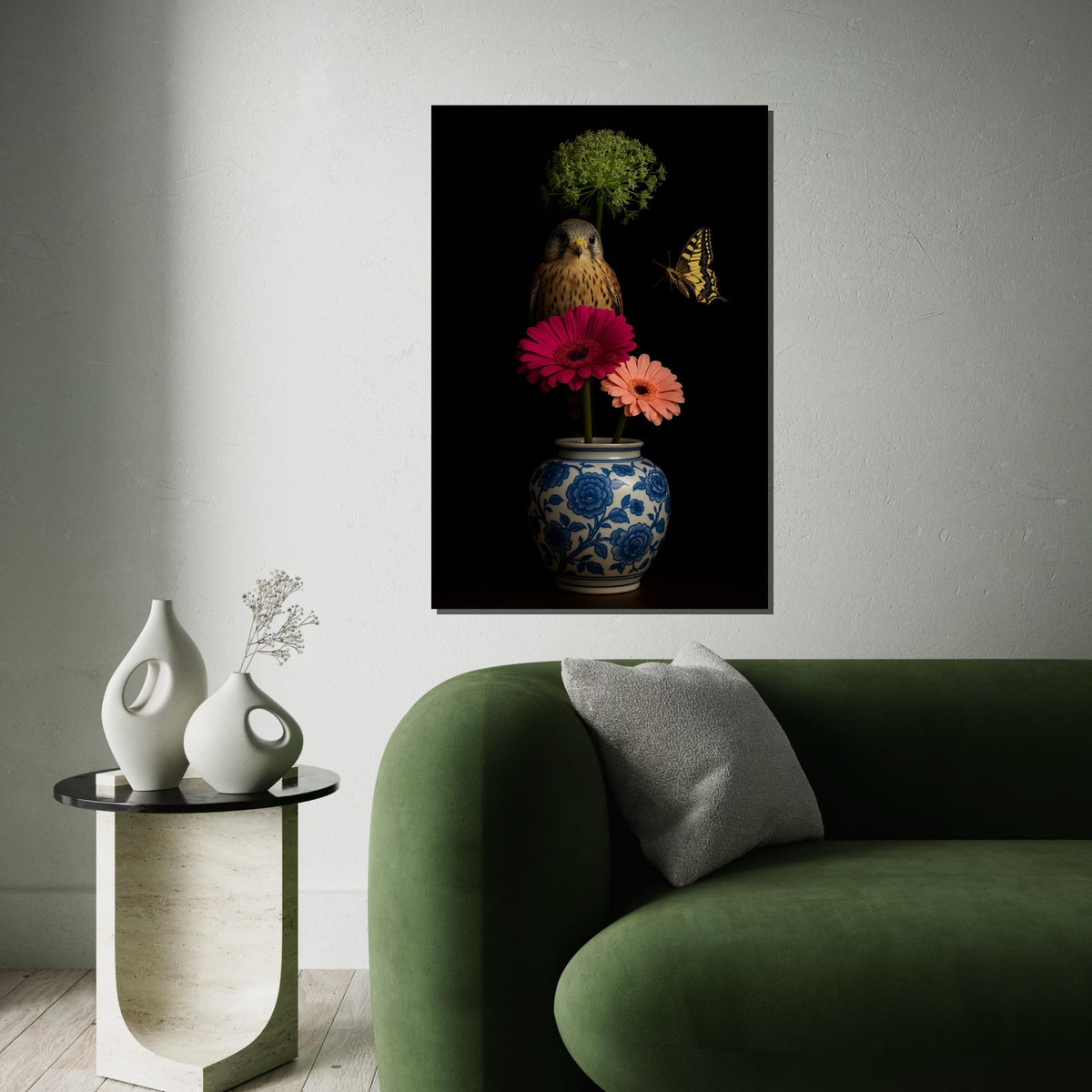 Falcon and Butterfly, Floral Vase Art, Wildlife Canvas Art, Elegant Bird Print, Wall Art Canvas Design, Ready To Hang Décor