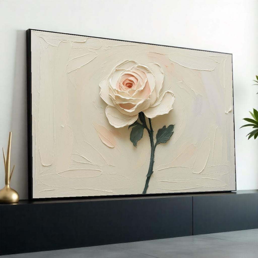 Cream Rose Canvas, Elegant Flower Art, Floral Wall Print, Textured Rose Artwork, Wall Art Canvas Design, Ready To Hang Decoration