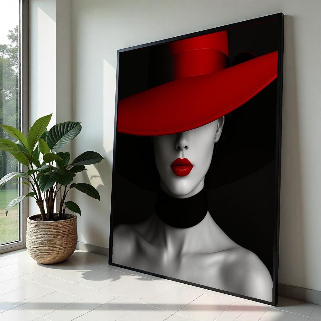 Red Hat Elegance Canvas, Woman in Red Hat Art, Modern Wall Art, Monochrome and Red, Wall Art Canvas Design, Ready to Hang Decoration