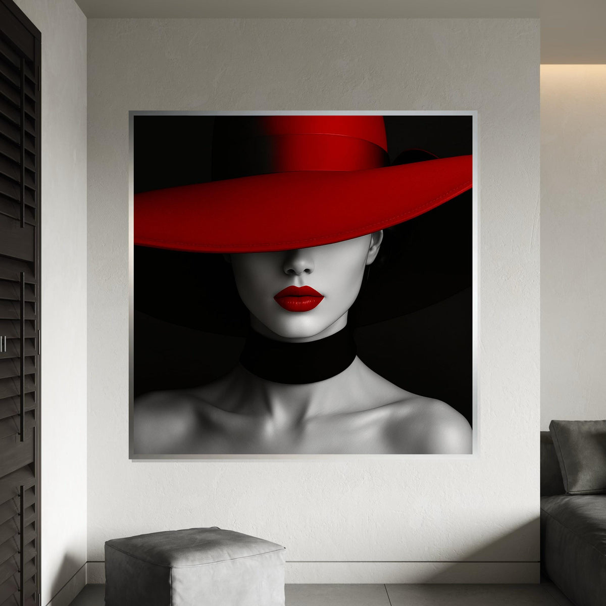 Red Hat Elegance Canvas, Woman in Red Hat Art, Modern Wall Art, Monochrome and Red, Wall Art Canvas Design, Ready to Hang Decoration