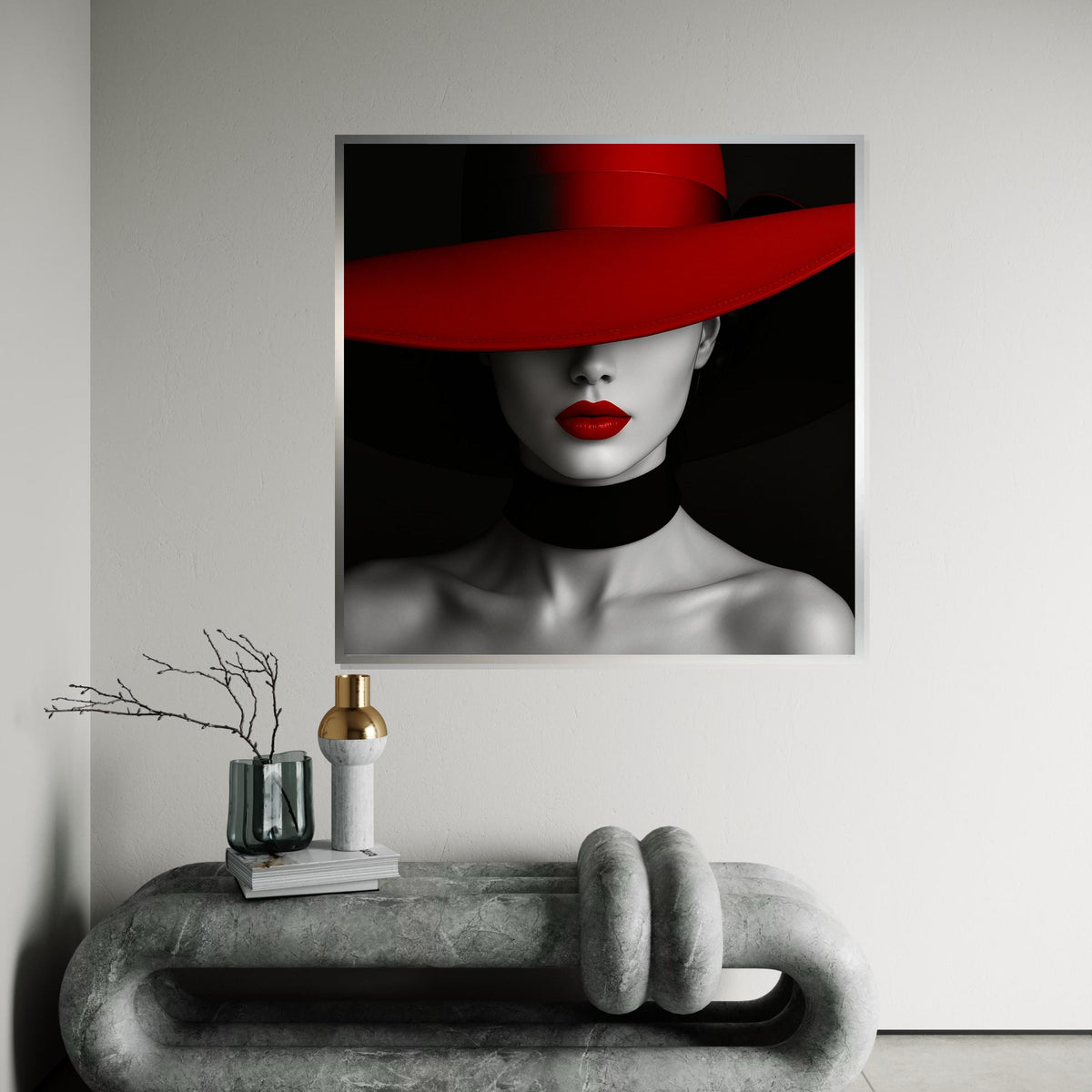 Red Hat Elegance Canvas, Woman in Red Hat Art, Modern Wall Art, Monochrome and Red, Wall Art Canvas Design, Ready to Hang Decoration