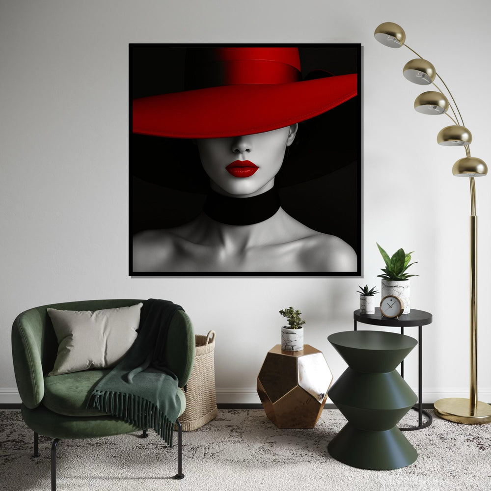 Red Hat Elegance Canvas, Woman in Red Hat Art, Modern Wall Art, Monochrome and Red, Wall Art Canvas Design, Ready to Hang Decoration