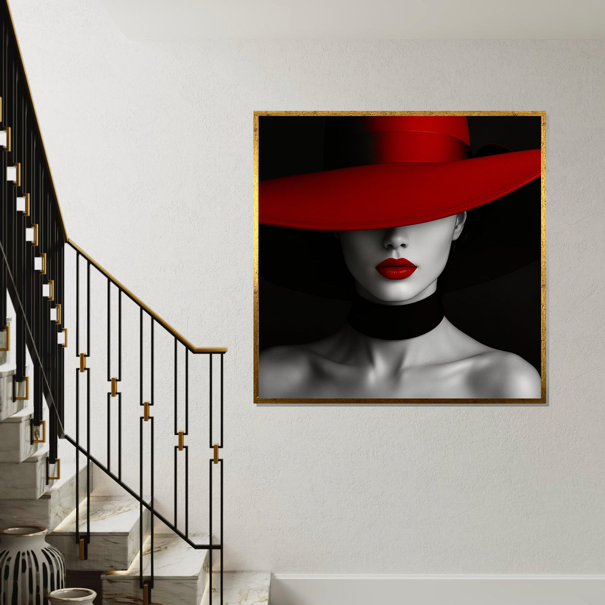 Red Hat Elegance Canvas, Woman in Red Hat Art, Modern Wall Art, Monochrome and Red, Wall Art Canvas Design, Ready to Hang Decoration